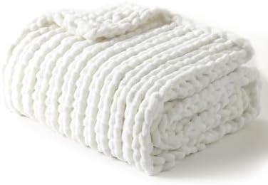 YnM Chunky Throw Blanket, Medium-Weight, Hand Knitted with Chenielle Yarn, Skin Friendly, Ventilated and Breathable, Machine Washable, Home Décor Piece for Couch, Sofa and Bed (White, 50x60 Inch) by YNM