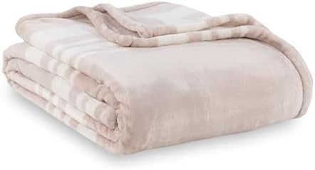 Berkshire Blanket-Classic Heavyweight Soft Printed VelvetLoft® Plush Blanket, Full/Queen Size Soft Fuzzy Warm Blanket for Couch Sofa Bed, Stripe Cream, 90in x 90in by BerkshireHomeCompany
