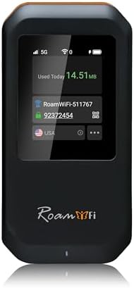 RoamWiFi 5G Mobile Hotspot WiFi6-4nm Chip | 10GB US/CA/MX + 1GB Global Internet Data (170+ Countries) | High-Speed for 16 Devices | 5000mAh Battery, 20H Standby, USB3.1, No SIM Needed Travel Wi-Fi by RoamFi