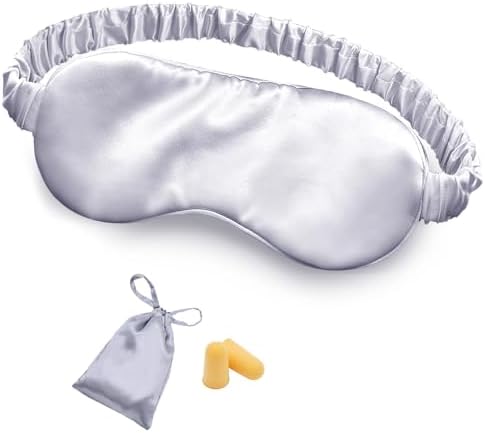 OLESILK Silk Sleep Eye Mask Blindfold with Double Layer Filling for Full Night's Sleep, Silk Wrapping Strap- Luxury Eye Cover Eyeshade for Women Men with Travel Bag and Ear Plugs, Silver by OLESILK