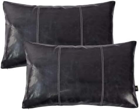 LL LEATHER LOVERS 100% Lambskin Leather Pillow Cover 16x24 Inch – Hand-Stitched Cushion Case with Hidden Zipper, Decorative Throw Cover for Sofa, Bed and Living Room - Ink Blue Panel Pack of 2 by LLLEATHERLOVERS