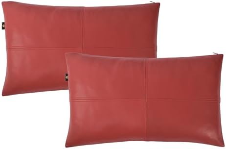 LL LEATHER LOVERS 100% Lambskin Leather Pillow Cover - Sofa Cushion Case - Decorative Throw Covers for Living Room & Bedroom, Red Plain Pack of 2-16X24 Inch by LLLEATHERLOVERS