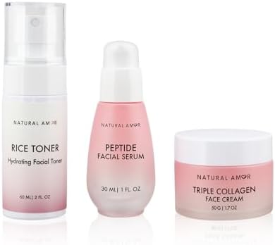 Natural Amor Skincare Set (3 Products) – Triple Collagen Cream 1.7oz, Peptide Serum 1oz & Toner – Hydrating & Firming Skin Care Set – Daily Routine by NATURALAMORLOSANGELES
