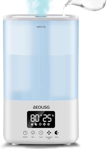 5L Top Fill Ultrasonic Humidifier,Cool Mist Humidifiers with Timer & Humidity Control for Bedroom, Baby, Large Rooms & Plants (White-2) by BEOUSG