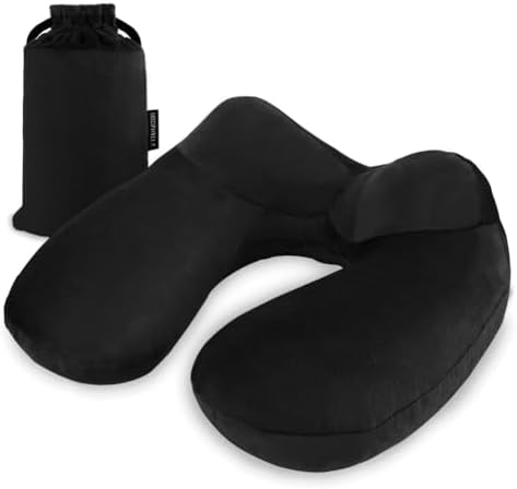 Inflatable Travel Pillow, Soft Velvet Inflatable Neck Pillow for Traveling, Airplanes, Train, Car, Office with Compact Bag, Breathable Washable Cover, Suit for Adults Sleeping - Black by UROPHYLLA