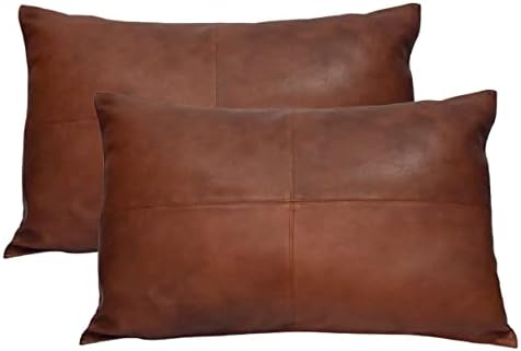 LL LEATHER LOVERS 100% Lambskin Leather Pillow Cover - Sofa Cushion Case - Decorative Throw Covers for Living Room & Bedroom, Dark Tan Pack of 2-12X20 Inch by LLLEATHERLOVERS