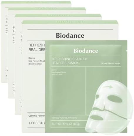 BIODANCE Refreshing Sea kelp Real Deep Mask, Overnight Hydrogel Face Mask, Calming, Oil & Sebum Control, Blemish Care, After Sun Care, Sunburn Relief, Korean Skin Care | 1.19oz(34g) x 4ea (Pack of 4) by BIODANCE