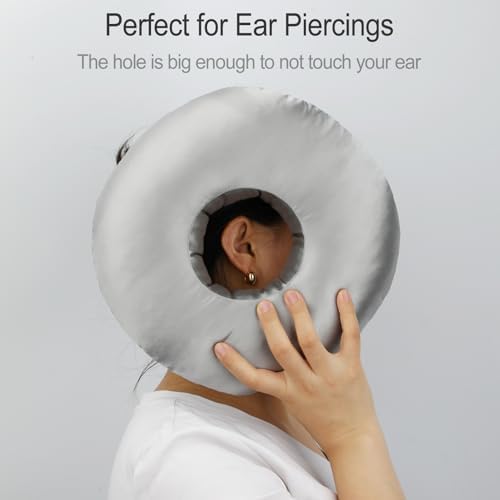Silky Satin Piercing Pillow Ear Pillows Donut with Hole for Ear Pain CNH Piercing Pain Relief Sleeping Pressure Sore Side Sleepers Smooth Cooling Ear Guard Protector, Silver Gray - Image 6