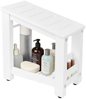 White Bamboo Shower Foot Rest for Shaving Legs, Water-Resistant Pedicure Foot Stool with Lower Storage Shelf, Compact Bathroom Shaving Step for Shower and Bath by ForestManor