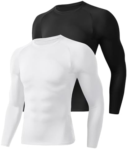 Compression Shirts for Men - Long Sleeve Black Workout Base Layer Athletic Gym Tops Quick Dry Running Undershirts by BOOJO