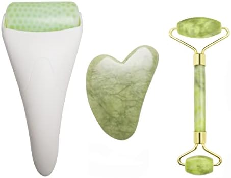 3 in 1 Ficial Face Ice Jade Roller and Gua Sha Tool, Natural Real Jade Anti-Wrinkle Face Eye Neck Massager Tool, Reduce Wrinkles, Puffiness, Migraine, Redness, Pain and Injury by Chikoni