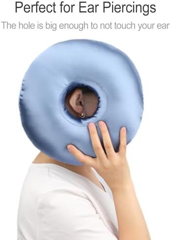 Silky Satin Piercing Pillow Ear Pillows Donut with Hole for Ear Pain CNH Piercing Pain Relief Sleeping Pressure Sore Side Sleepers Smooth Cooling Ear Guard Protector, Haze Blue - Image 4