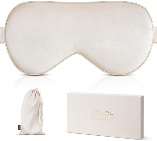 BOKOR Adjustable Silk Sleep Eye Mask for Women and Men, Luxury Mulberry Silk Eye Cover, Light-Blocking Improve Sleep Quality,with Travel Bag - Champagne by BOKOR