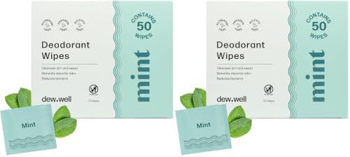 Dew Well Deodorant Wipes - Individually Wrapped Armpit Wipes & Purse Essentials - Sweat-Blocking Mini Deodorant - Compact Tissue Packs & Travel Accessories - 50 Count, Mint (Pack of 2) by DewWell