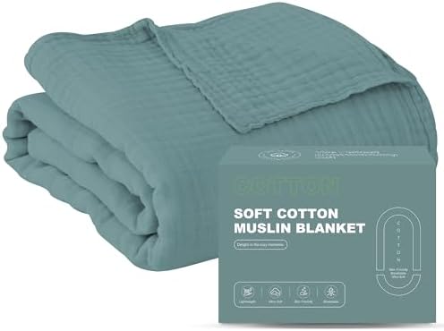 Cosy Family 100% Cotton Muslin Bed Blanket - Breathable and Lightweight Gauze Boho Blanket for Spring, Green, 80x90 Inches by Cosy+Family