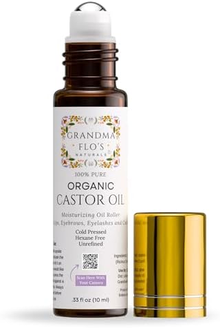 Pure Organic Castor Oil Roll On For Lips, Eyebrows, Under Eyes, Eyelashes and Cuticles - Easy, Less Mess Moisturizer Roller ball Cold Pressed, Hexane Free, Unrefined, Glass Bottle - Travel Size (10ml) by Grandma+Flo%27s+Naturals