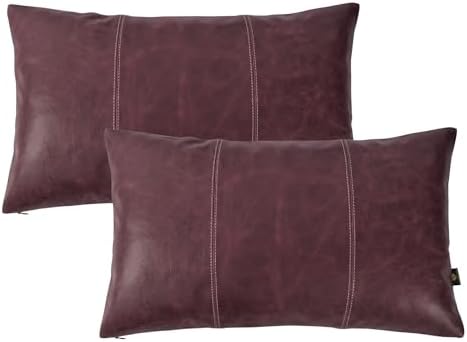 LL LEATHER LOVERS 100% Lambskin Leather Pillow Cover 22x30 Inch – Hand-Stitched Cushion Case with Hidden Zipper, Decorative Throw Cover for Sofa, Bed and Living Room - Pink Maroon Panel Pack of 2 by LLLEATHERLOVERS