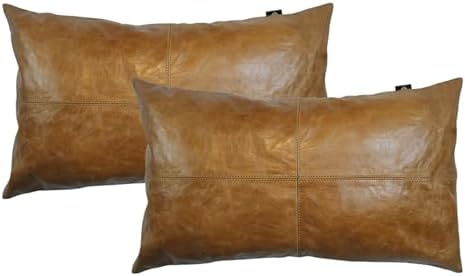 LL LEATHER LOVERS 100% Lambskin Leather Pillow Cover - Sofa Cushion Case - Decorative Throw Covers for Living Room & Bedroom, Gold Crunch Plain Pack of 2-22X30 Inch by LLLEATHERLOVERS