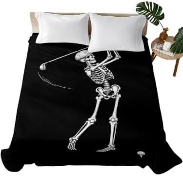 Halloween California King Flat Sheet Skeleton Golfer Flat Sheets Only Soft Bedding Top Sheets Hotel Quality Golf Ball Funny Skull Bones Cal King Bed Sheet for All Season Bedroom Dorm Halloween Decor by LooPoP