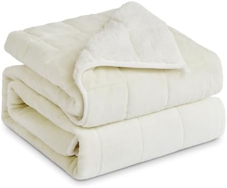 Sherpa Fleece Adult Weighted Blanket, 15 Pounds Dual Sided Soft Plush Blanket for Couch Bed Sofa, Heavy Thick Blankets with Glass Beads Great for Sleep, 48 x 72 inches, Cream White on Both Sides by greatdaxing