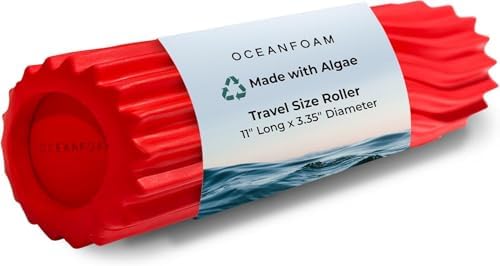 Oceanfoam Ripple Travel Foam Roller (11" x 3.35") Firm Mini Foam Roller for Physical Therapy, Deep Tissue Massage, Back Pain - High Density, Ergonomic Wave Textured - Yoga, Pilates, Exercise (Red) by Oceanfoam