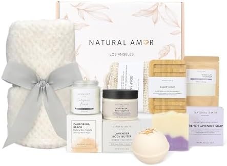 Natural Amor 8-Piece Spa Gift Set with Blanket – Self-Care Box with Lavender Body Butter, Soap, Candle – Blanket with Grey Ribbon Gift for Women, Birthday, Holiday - Image 3