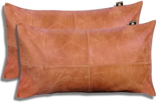 LL LEATHER LOVERS 100% Lambskin Leather Pillow Cover - Sofa Cushion Case - Decorative Throw Covers for Living Room & Bedroom - 10X18 Inch, Mango Tan Crunch Pack of 2 by LLLEATHERLOVERS