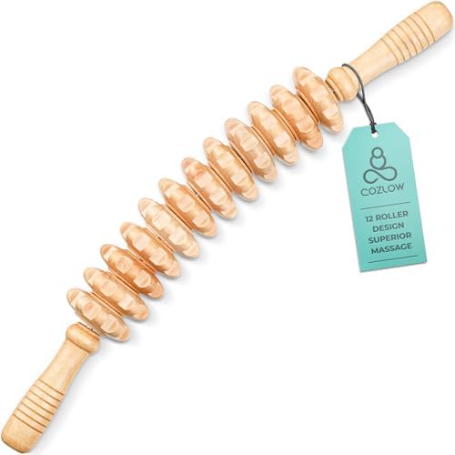 COZLOW Wooden Massage Roller Stick (12 Rollers) - Curved Wood Therapy Massage Tool for Body Sculpting, Fascia Release & Lymphatic Drainage - Maderotherapy Helps Reduce Cellulite Appearance by Cozlow