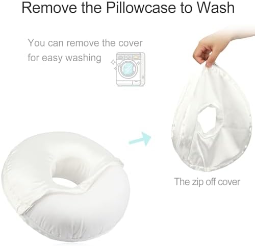 Washable Silky Satin Ear Piercing Pillow with Removable Pillowcase Smooth Cooling Donut Pillows Hole for Ear Pain Relief CNH Sleeping Pressure Sore Side Sleepers Ear Guard Protector, Ivory Cover - Image 2
