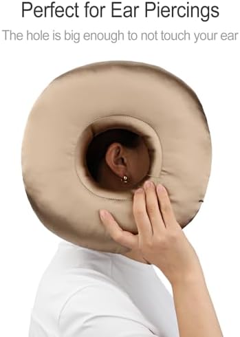 Silky Satin Piercing Pillow Ear Pillows Donut with Hole for Ear Pain CNH Piercing Pain Relief Sleeping Pressure Sore Side Sleepers Smooth Cooling Ear Guard Protector, Taupe - Image 3