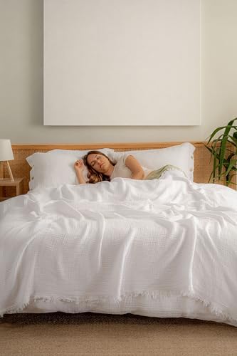 Muslin Blanket - Pure 100% Turkish Cotton Airy Soft Light Versatile Gauze Throw Blanket for Bed, Couch, Sofa (White, King Size (95" x 110" inch)) by RAYMETEKSTIL