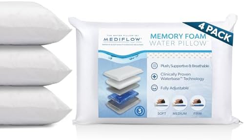 Mediflow Water Pillow Memory Foam re-Invented with Waterbase Technology - Clinically Proven to Reduce Neck Pain & Improve Sleep Quality. (4 Pillows) by TheWaterPillowbyMediflow