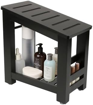 Bamboo Shower Foot Rest Stool for Shaving Legs & Pedicure, Non-Slip Bathroom Foot Step with Storage Pocket, Solid & Water-Resistant,Natural (Black) by ForestManor
