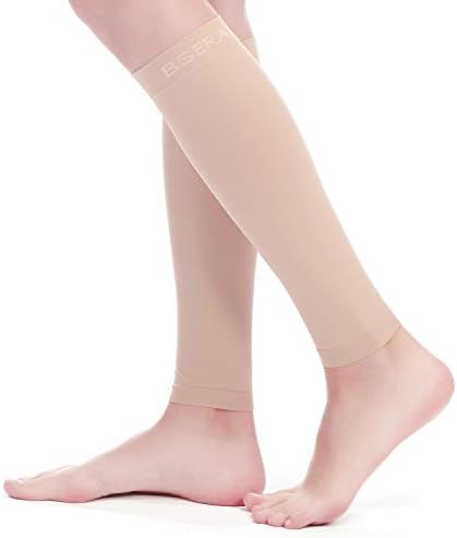 BSERA Calf Compression Sleeve Women, 2 Pairs 15-20mmHg Calf Support Footless Compression Socks Stockings for Shin Splints, Varicose Veins, Recovery (Nude/Skin, Small) by BSERA