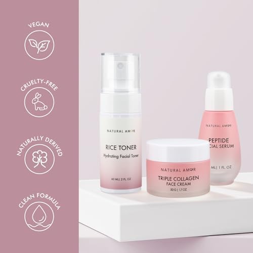 Natural Amor Skincare Set (3 Products) – Triple Collagen Cream 1.7oz, Peptide Serum 1oz & Toner – Hydrating & Firming Skin Care Set – Daily Routine - Image 6