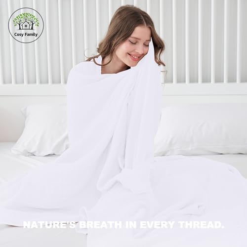 Cosy Family 6 Layer Muslin Bed Blanket - Breathable and Lightweight Gauze Boho Blanket for Spring, Soft 100% Cotton Muslin, White, 80x90 Inches - Image 3