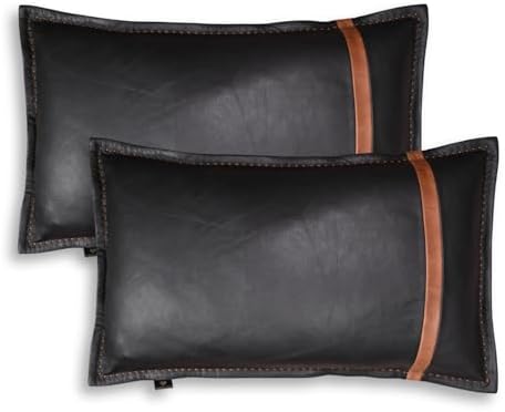 LL LEATHER LOVERS Genuine Lambskin Leather Pillow Cover, 16x24 Inch Case for Lumbar Throw Couch Pillows, Thick & Soft Cushion Covers for Sofa Bed Home Decor (Black & Tan Box Pack of 2) by LLLEATHERLOVERS