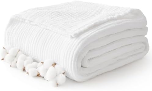 100% Cotton Muslin Blanket Large 50" x 70", 6 Layers Breathable and Lightweight Cotton Blankets for Bed and Couch, Quilt Bedspread, Gauze Throw for Adults, White by Kozyhvn