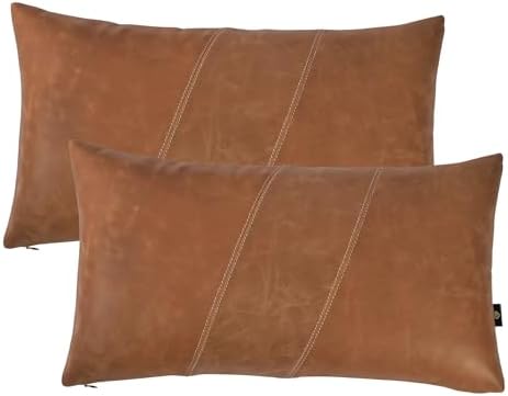 LL LEATHER LOVERS 100% Lambskin Leather Pillow Cover 14x22 Inch – Hand-Stitched Cushion Case with Hidden Zipper, Decorative Throw Cover for Sofa, Bed and Living Room - Rusk Camel Panel Pack of 2 by LLLEATHERLOVERS