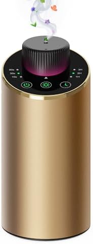 Waterless Essential Oil Diffuser Scent Aromatherapy Diffusers for Home, Car, Aluminum Alloy Battery Operated Cordless Air Freshener, 4 Timers & 3 Mist Levels, 5/10/20ml Capacity (Gold) by Unknown