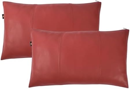 LL LEATHER LOVERS 100% Lambskin Leather Pillow Cover 12x20 Inch – Hand-Stitched Cushion Case with Hidden Zipper, Decorative Throw Cover for Sofa, Bed and Living Room - Red Panel Pack of 2 by LLLEATHERLOVERS