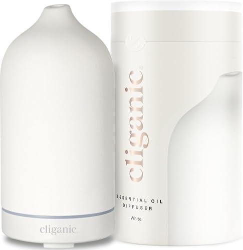 Cliganic Ceramic Diffuser (White), 100ml Ultrasonic for Essential Oils Aromatherapy, Home & Office by Cliganic