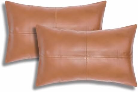 LL LEATHER LOVERS 100% Lambskin Leather Pillow Cover - Sofa Cushion Case - Decorative Throw Covers for Living Room & Bedroom, Camel Antique Plane Pack of 2-20X28 Inch by LLLEATHERLOVERS