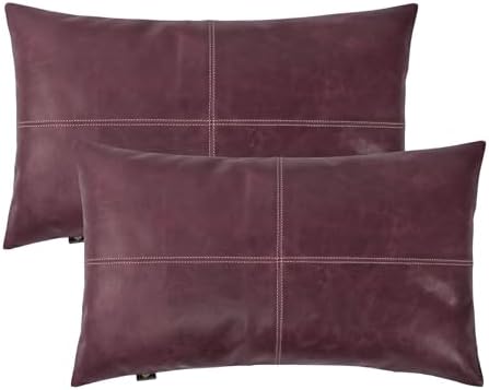 LL LEATHER LOVERS 100% Lambskin Leather Pillow Cover - Sofa Cushion Case - Decorative Throw Covers for Living Room & Bedroom, Pink Maroon Plain Pack of 2-14X22 Inch by LLLEATHERLOVERS