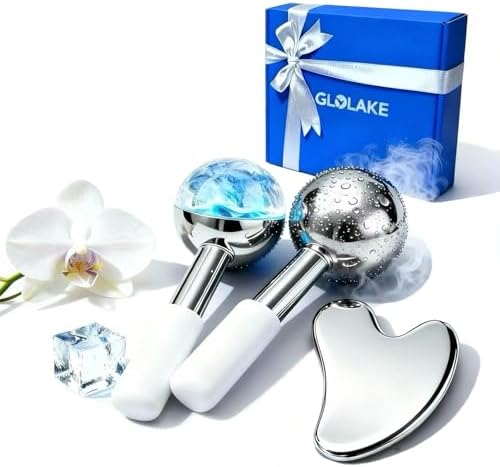 Ice Roller for Face & Eyes, Stainless Steel Ice Globes with Gua Sha Set, 3-Piece Facial Kit for Puffiness, Depuffing and Lymphatic Drainage, Cryo Facial Massage Tools, Neck & Jawline, Home Spa Gift by Unknown