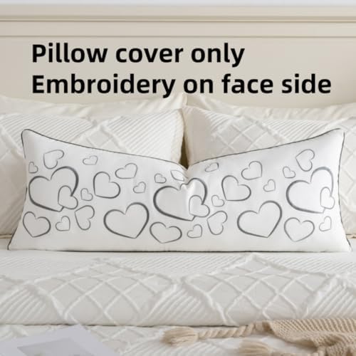 Sanmetex Loving Heart Long Lumbar Pillow Covers 14x36 Inches, Soft Embroidered Modern Decorative Throw Pillow Case for Sleeping Bed Bedroom Living Room and Home Décor Grey - Image 3