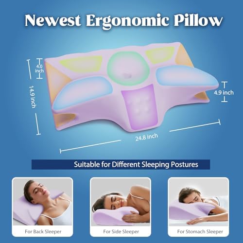 Cooling Contour Memory Foam Pillows Support Odorless Ergonomic Neck Pillow Adjustable Orthopedic Bed Pillow for Side Back Stomach Sleeper Cervical Pillow for Neck Pain Relief,with Pillowcase,Purple - Image 5