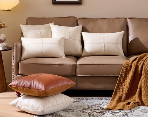 Full Grain Leather Throw Pillow Cover (18" x 18") (Cream) - Image 6