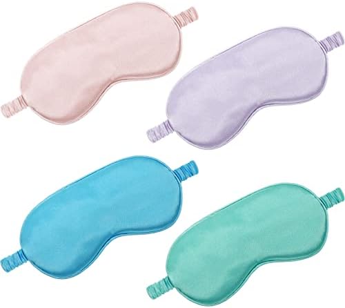 4 Pcs Silk Eye Mask for Sleeping Soft Satin Sleep Mask with Ear Plugs with Adjustable Strap Sleep Shading for Women Men Travel Nap Relaxation(Light Colors) by Geyoga