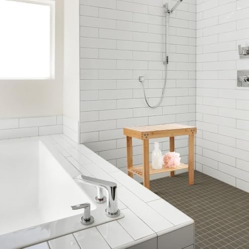 VaeFae Bamboo Shower Bench, Spa Bench Seat Stool, Foot Rest Shaving Stool with Non-Slip Feets and Storage Shelf, Works in Bathroom/Living Room/Bedroom/Garden Leisure - Image 5